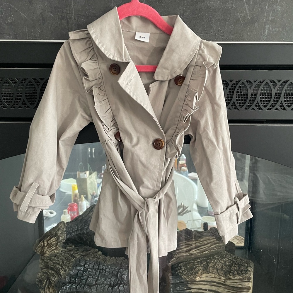 Girls' Neutral Beige Ruffle Trench Coat